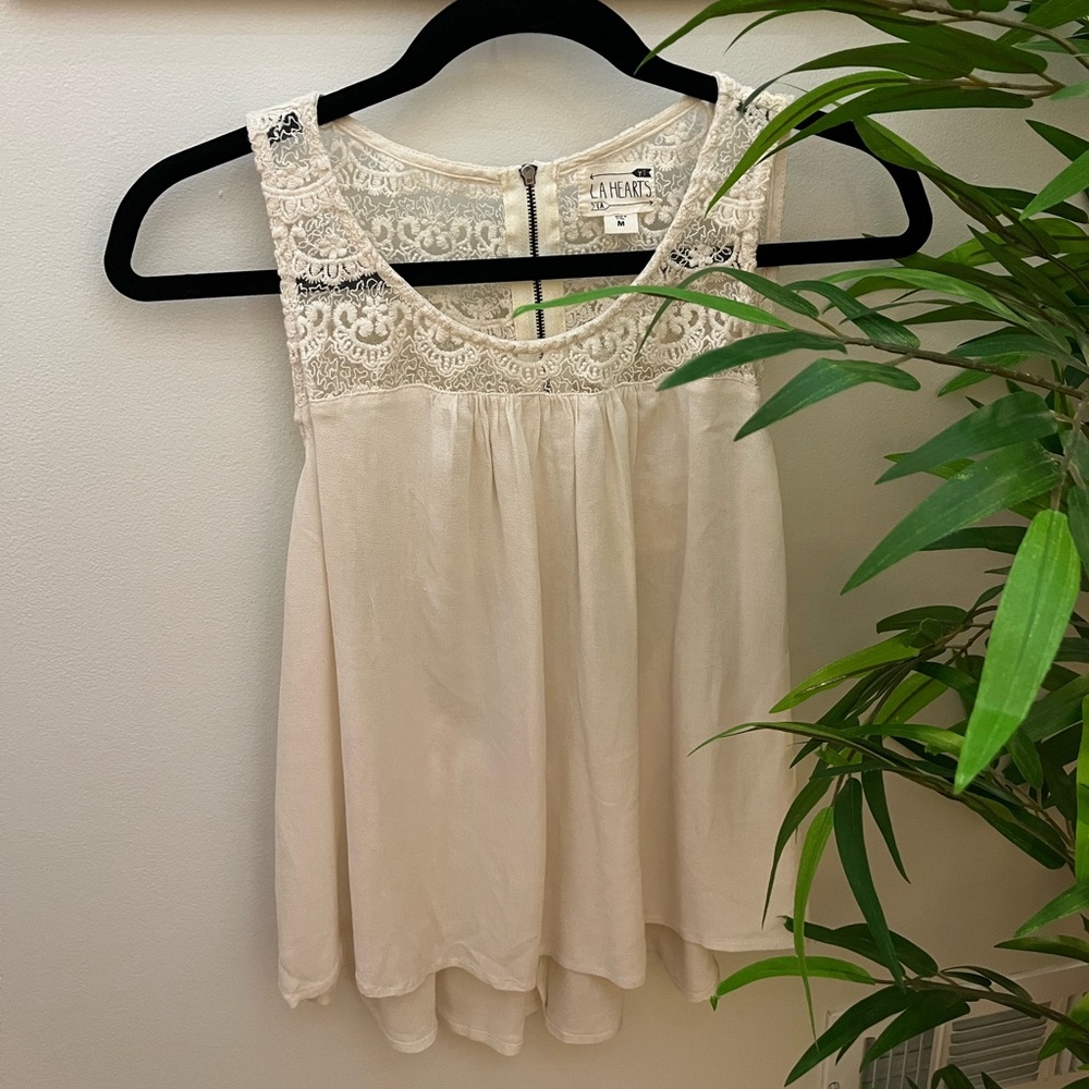 LA Hearts by Pacsun Cream Lace Sleeveless Sheer Top, Size Med